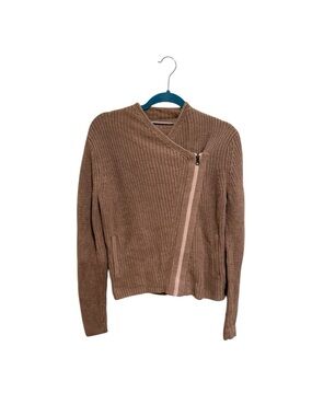 Athleta Merino Wool Coffee Brown Asymmetric Zip V-Neck Knit Sweater